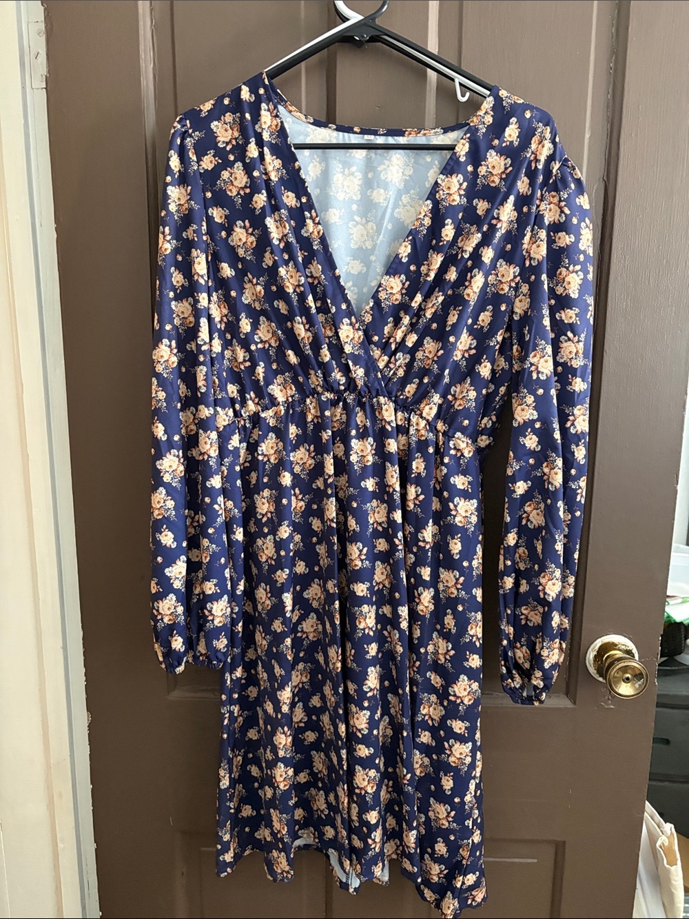 Navy Floral Long-Sleeve V-Neck Dress